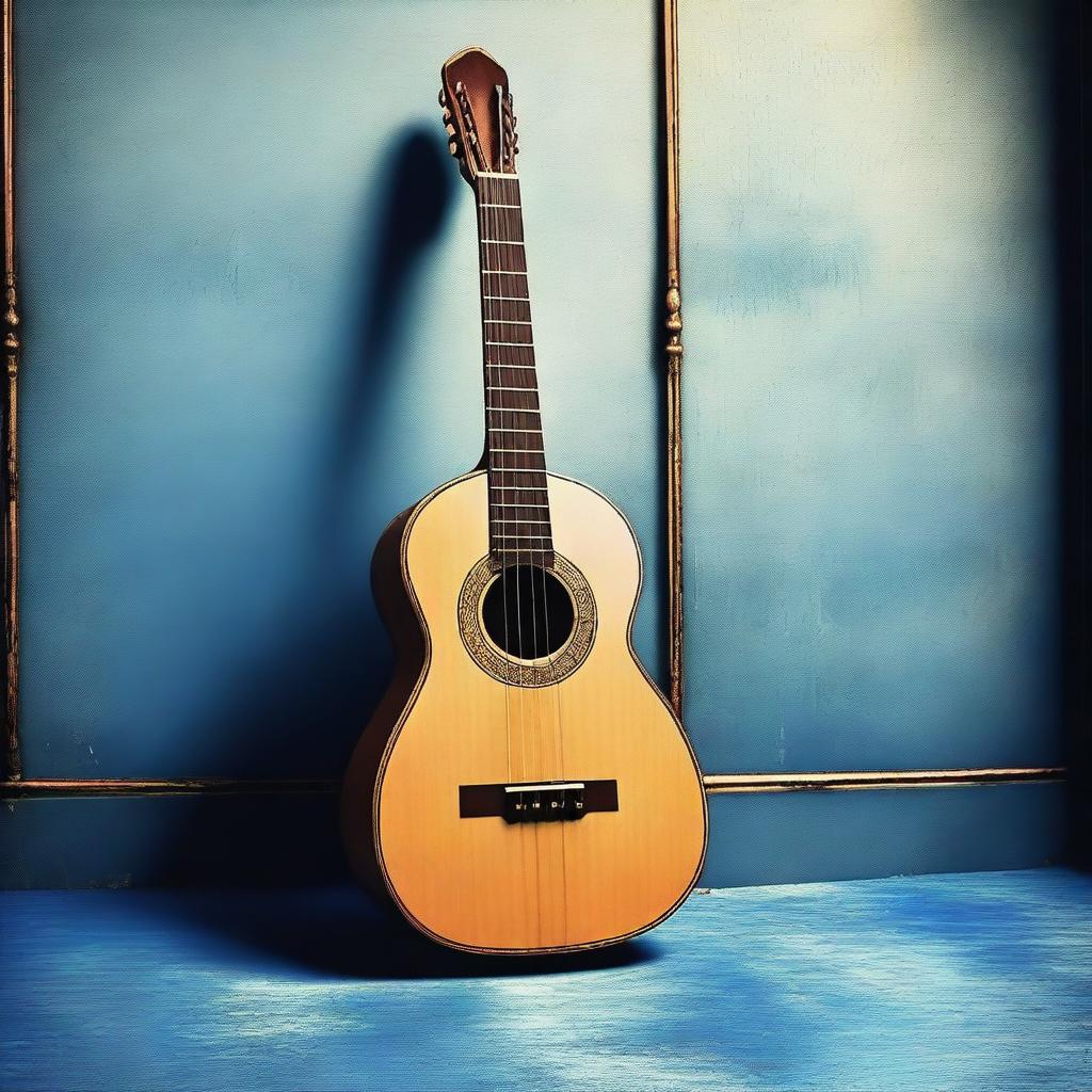 A high-quality illustration of an old lute, resting on a blue floor