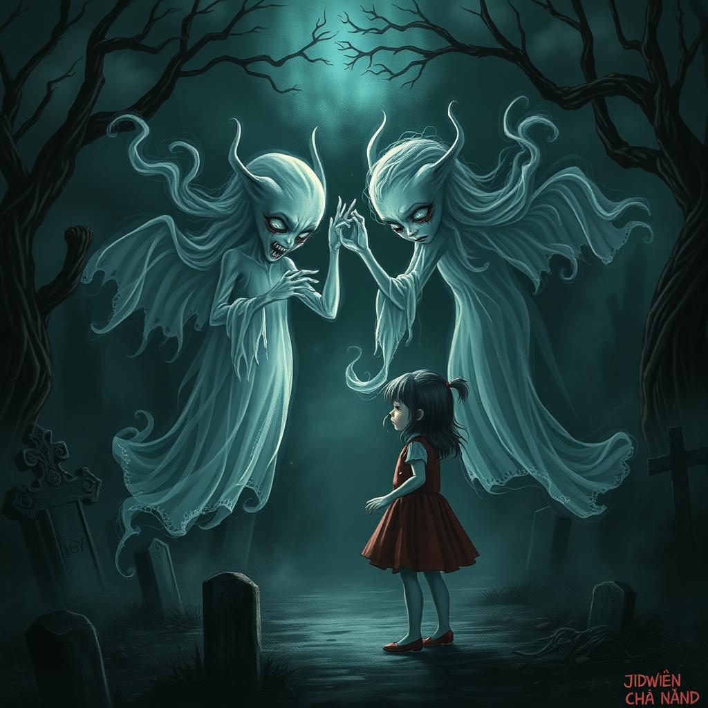 A hauntingly beautiful scene depicting the souls of two mischievous twins entwined in a playful yet eerie interaction with a girl in a dark, gothic setting