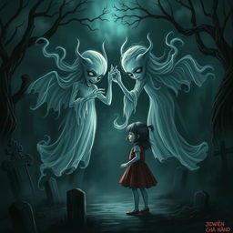 A hauntingly beautiful scene depicting the souls of two mischievous twins entwined in a playful yet eerie interaction with a girl in a dark, gothic setting