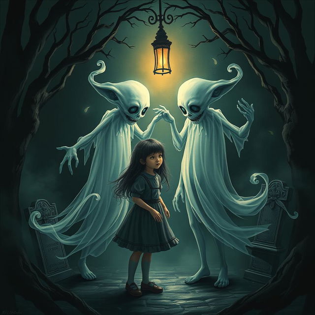 A hauntingly beautiful scene depicting the souls of two mischievous twins entwined in a playful yet eerie interaction with a girl in a dark, gothic setting