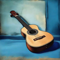 A high-quality illustration of an old lute, resting on a blue floor