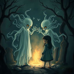 A hauntingly beautiful scene depicting the souls of two mischievous twins entwined in a playful yet eerie interaction with a girl in a dark, gothic setting
