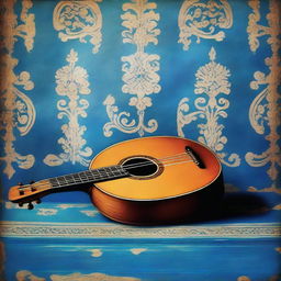 A high-quality illustration of an old lute, resting on a blue floor