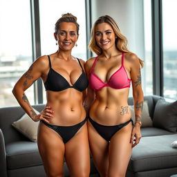 An empowering scene featuring Scarlett, a confident woman in her 40s with a medium body, noticeable curves, and wide hips, standing proudly alongside her stepdaughter Amanda, who is in her 20s with a toned figure