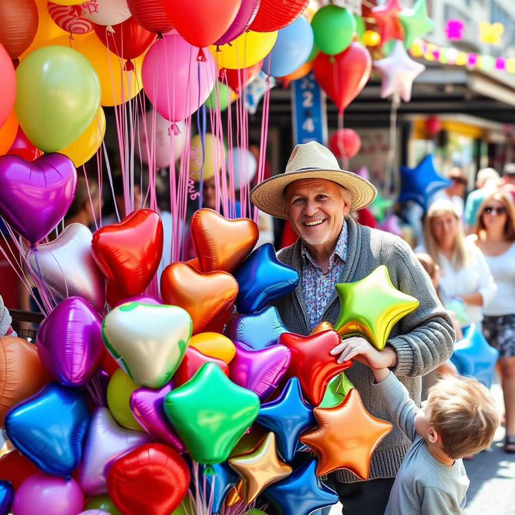 An elderly man with a warm smile selling a variety of colorful balloons at a bustling street market