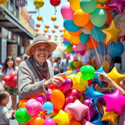 An elderly man with a warm smile selling a variety of colorful balloons at a bustling street market