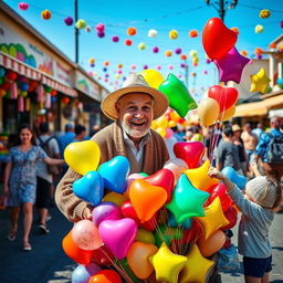 An elderly man with a warm smile selling a variety of colorful balloons at a bustling street market