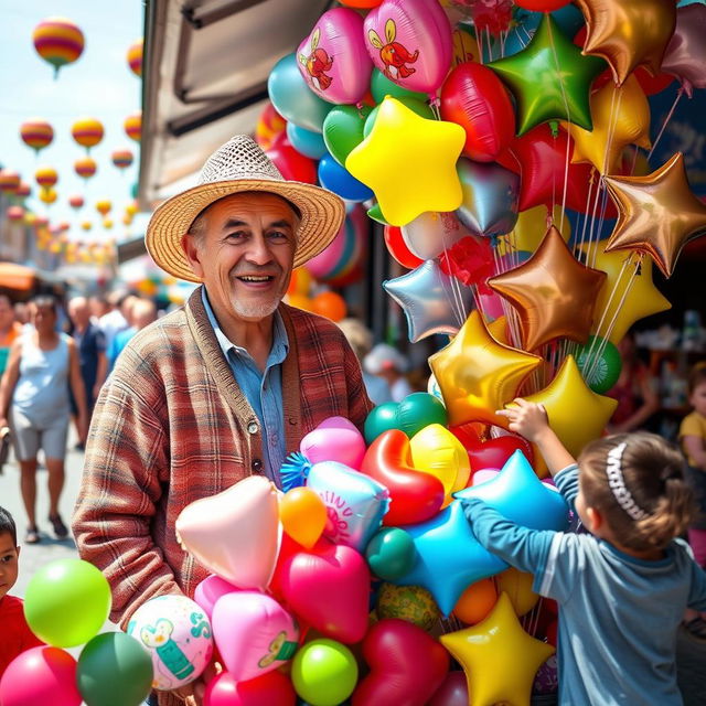 An elderly man with a warm smile selling a variety of colorful balloons at a bustling street market