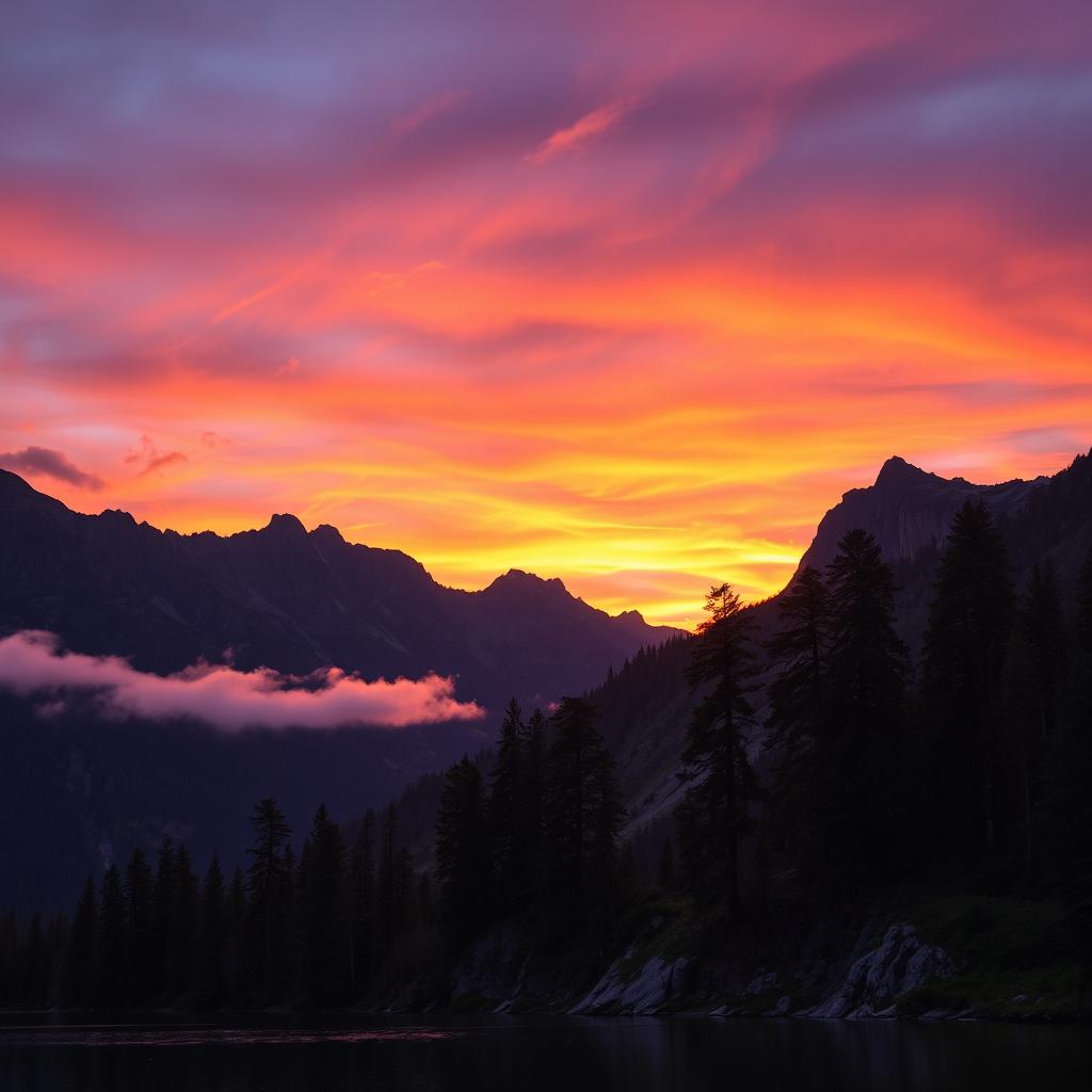 A breathtaking sunset over a serene mountain landscape, with the sun dipping below the peaks, casting vibrant hues of orange, purple, and pink across the sky