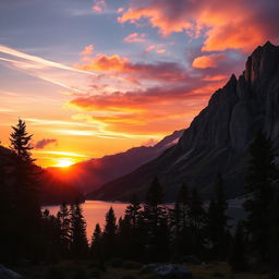 A breathtaking sunset over a serene mountain landscape, with the sun dipping below the peaks, casting vibrant hues of orange, purple, and pink across the sky