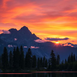 A breathtaking sunset over a serene mountain landscape, with the sun dipping below the peaks, casting vibrant hues of orange, purple, and pink across the sky