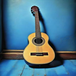 A high-quality illustration of an old lute, resting on a blue floor