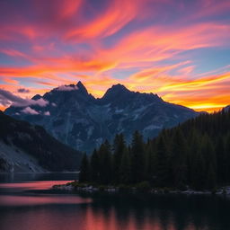 A breathtaking sunset over a serene mountain landscape, with the sun dipping below the peaks, casting vibrant hues of orange, purple, and pink across the sky
