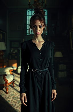 A darkly intriguing and atmospheric scene depicting a mysterious nanny with an intense gaze, standing in an elegantly appointed living room filled with vintage furnishings