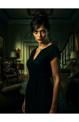 A darkly intriguing and atmospheric scene depicting a mysterious nanny with an intense gaze, standing in an elegantly appointed living room filled with vintage furnishings