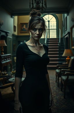 A darkly intriguing and atmospheric scene depicting a mysterious nanny with an intense gaze, standing in an elegantly appointed living room filled with vintage furnishings