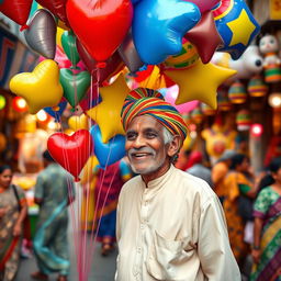 An old Indian man joyfully selling an array of colorful balloons in a vibrant street market