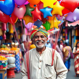 An old Indian man joyfully selling an array of colorful balloons in a vibrant street market