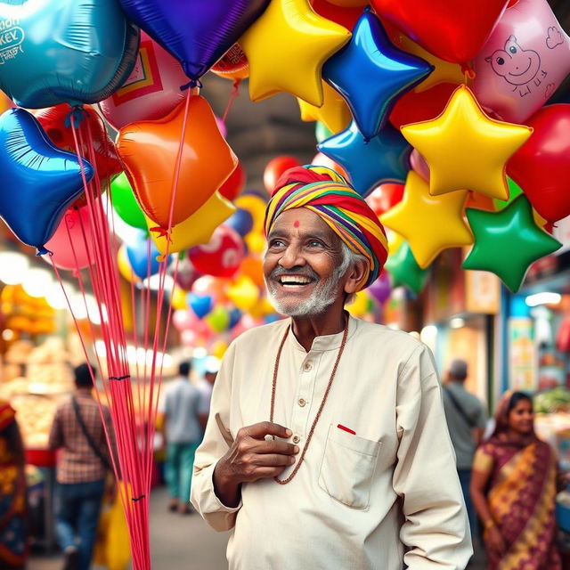 An old Indian man joyfully selling an array of colorful balloons in a vibrant street market