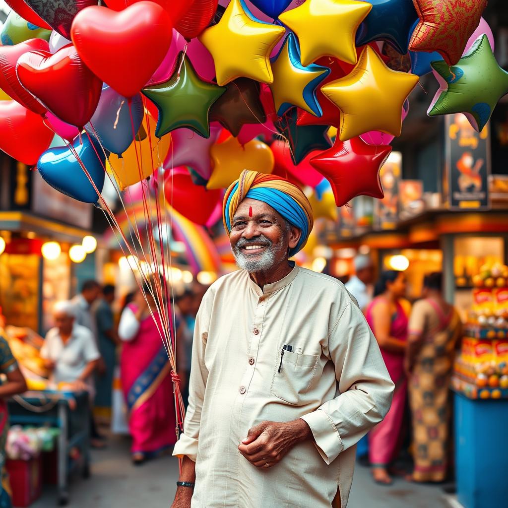 An old Indian man joyfully selling an array of colorful balloons in a vibrant street market