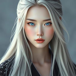 A stunning portrait of Bai Ning Bing, featuring her long silvery hair cascading down to her waist, shining like a graceful tassel