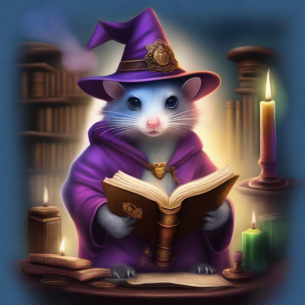 An enchanting digital art illustrating a Dungeon Master possum donned in a wizard hat