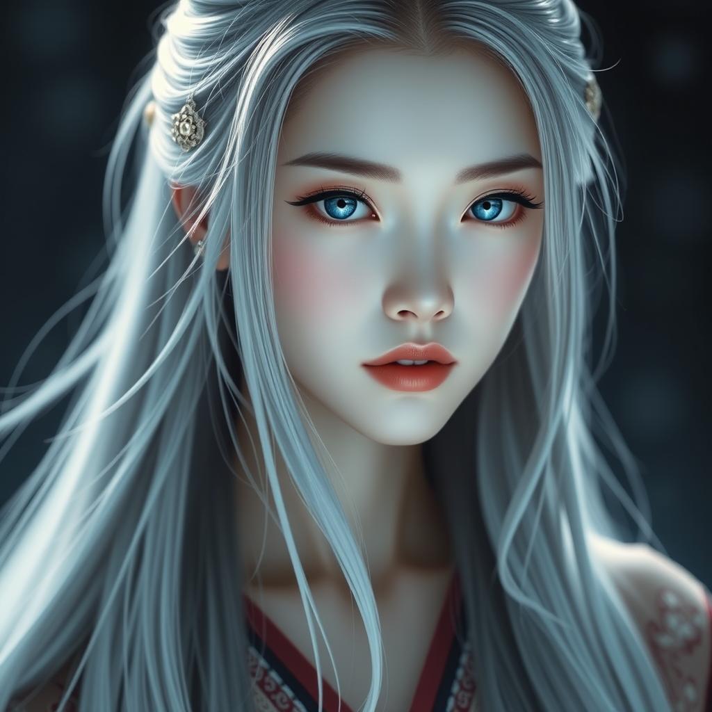 A stunning portrait of Bai Ning Bing, featuring her long silvery hair cascading down to her waist, shining like a graceful tassel