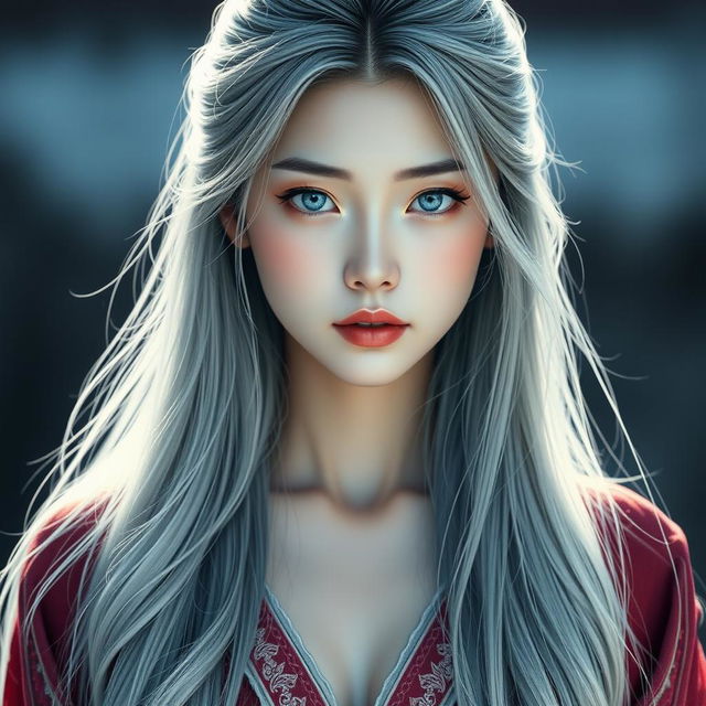 A stunning portrait of Bai Ning Bing, featuring her long silvery hair cascading down to her waist, shining like a graceful tassel