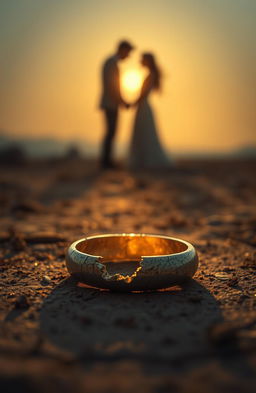 A symbolic representation of a marriage that appears lifeless and broken, yet is being rejuvenated and transformed by the radiant light of gold