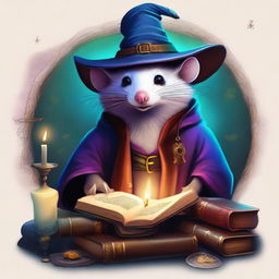 An enchanting digital art illustrating a Dungeon Master possum donned in a wizard hat