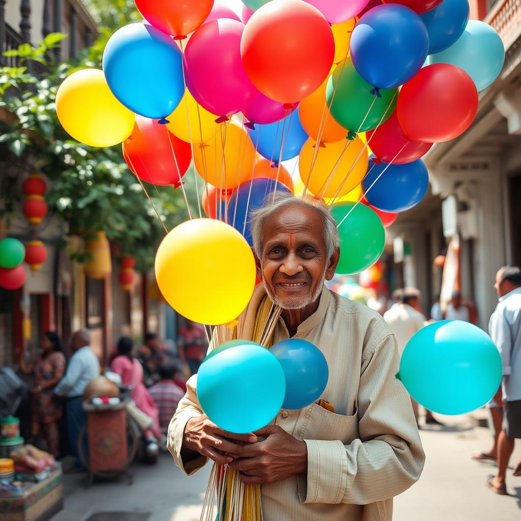 An elderly Indian Bengali man with a warm smile, dressed in traditional attire, selling an array of vibrant, colorful balloons