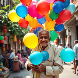 An elderly Indian Bengali man with a warm smile, dressed in traditional attire, selling an array of vibrant, colorful balloons