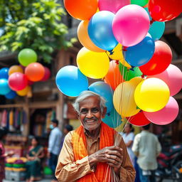 An elderly Indian Bengali man with a warm smile, dressed in traditional attire, selling an array of vibrant, colorful balloons