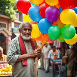 An elderly Indian Bengali man with a warm smile, dressed in traditional attire, selling an array of vibrant, colorful balloons