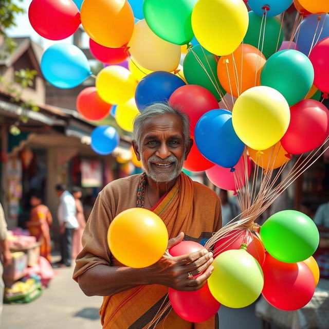 An elderly Indian Bengali man with a warm smile, dressed in traditional attire, selling an array of vibrant, colorful balloons