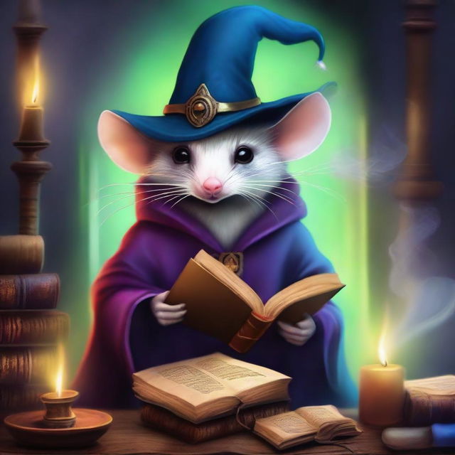 An enchanting digital art illustrating a Dungeon Master possum donned in a wizard hat