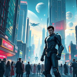 A captivating scene from a science fiction novel, showcasing a futuristic cityscape with soaring skyscrapers made of shimmering glass and steel