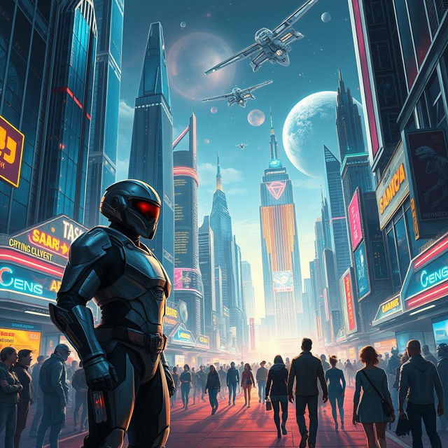 A captivating scene from a science fiction novel, showcasing a futuristic cityscape with soaring skyscrapers made of shimmering glass and steel