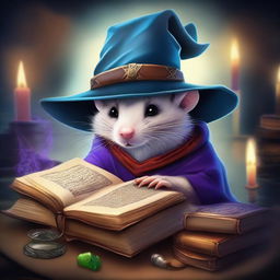 An enchanting digital art illustrating a Dungeon Master possum donned in a wizard hat