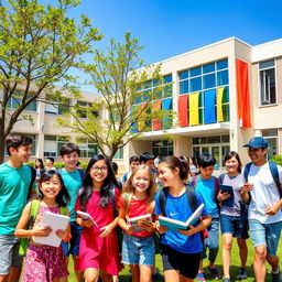 An image of a vibrant and lively school setting, featuring a diverse group of cheerful students engaging in various activities