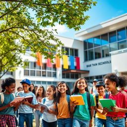 An image of a vibrant and lively school setting, featuring a diverse group of cheerful students engaging in various activities