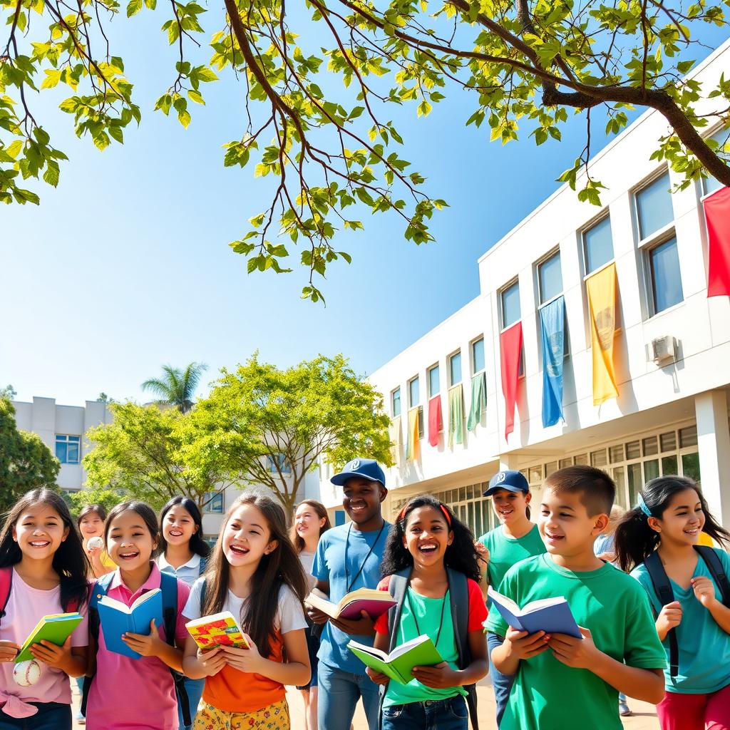 An image of a vibrant and lively school setting, featuring a diverse group of cheerful students engaging in various activities