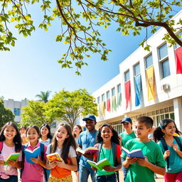 An image of a vibrant and lively school setting, featuring a diverse group of cheerful students engaging in various activities