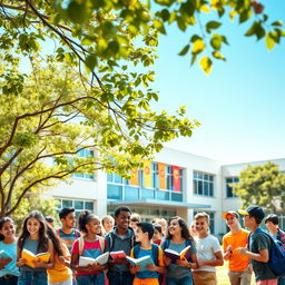 An image of a vibrant and lively school setting, featuring a diverse group of cheerful students engaging in various activities