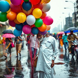 An old Indian Bengali man, wearing a traditional white kurta and dhoti, stands on a busy street selling an array of colorful balloons