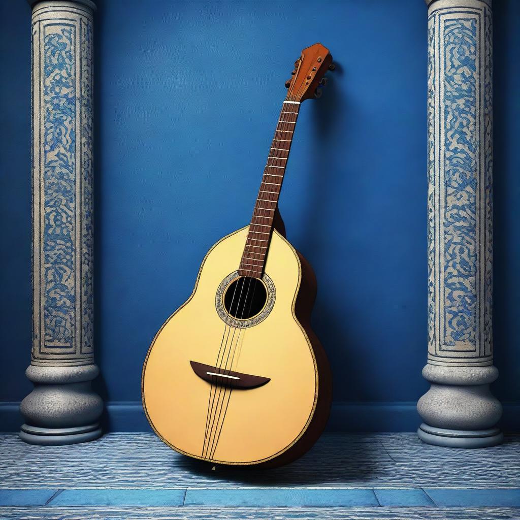 This is a high-quality illustration of an old medieval lute, resting on a blue floor with a matching blue wall behind it