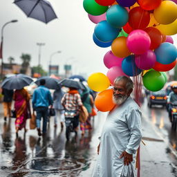 An old Indian Bengali man, wearing a traditional white kurta and dhoti, stands on a busy street selling an array of colorful balloons