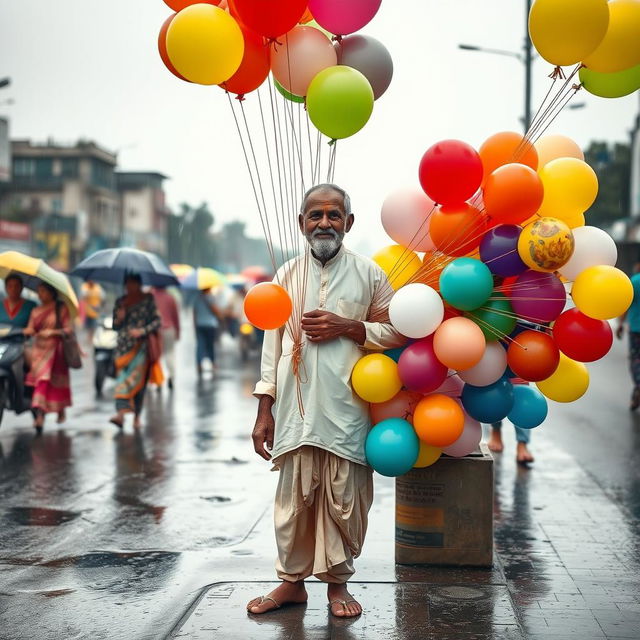 An old Indian Bengali man, wearing a traditional white kurta and dhoti, stands on a busy street selling an array of colorful balloons