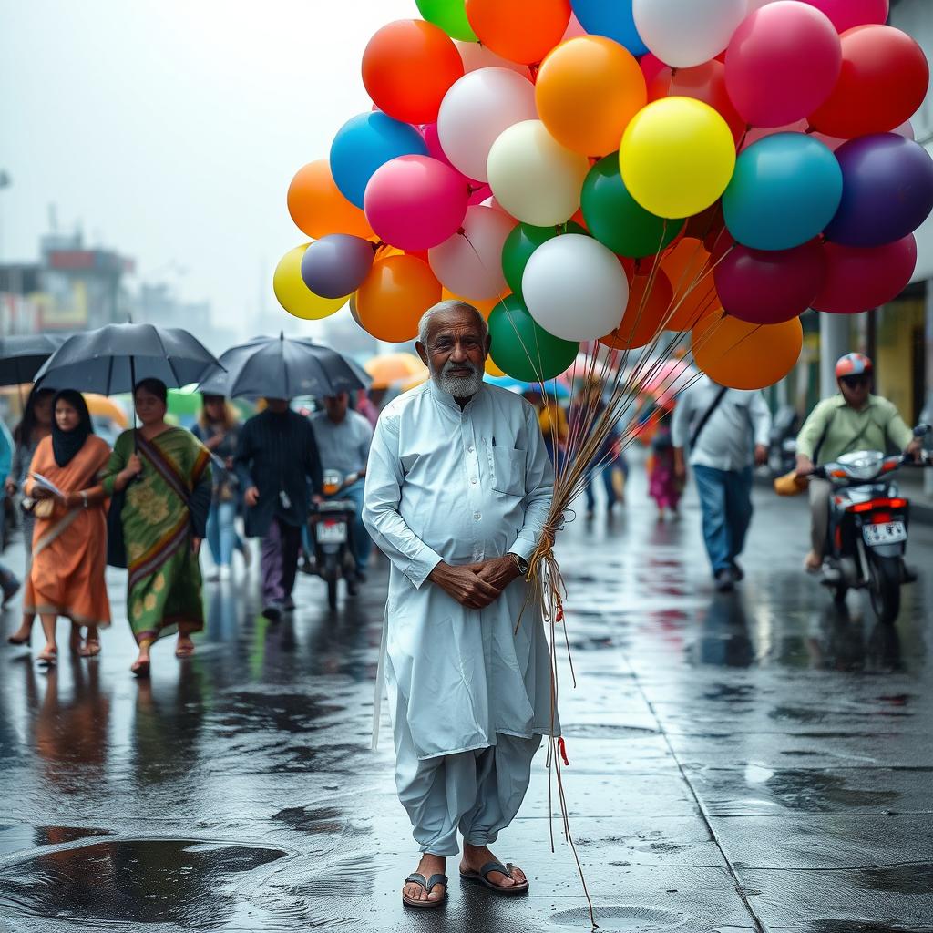 An old Indian Bengali man, wearing a traditional white kurta and dhoti, stands on a busy street selling an array of colorful balloons