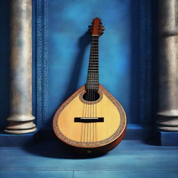 This is a high-quality illustration of an old medieval lute, resting on a blue floor with a matching blue wall behind it